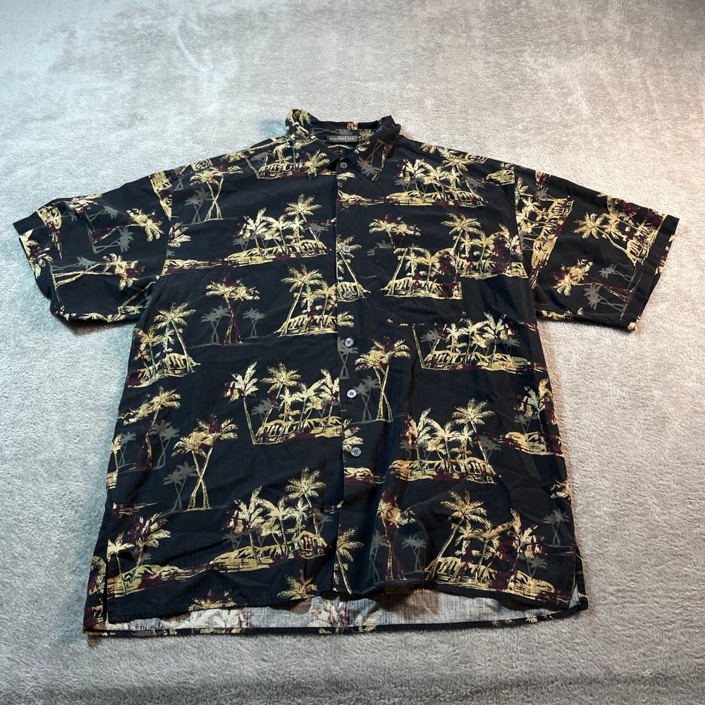 Van Heusen Polo Shirt‎ Men's Large Black Silk Hawaiian Palm Tree Print Vacation